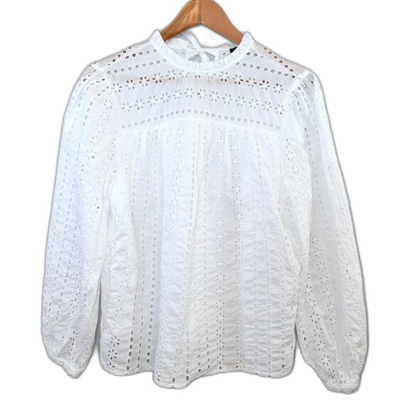 J. Crew | High Neck Long Sleeve White Eyelet Blouse | Size Medium - Picture 7 of 16